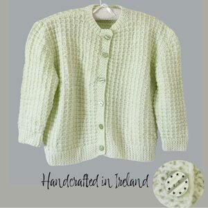Irish hand knit pale green cardigan sweater girls XL